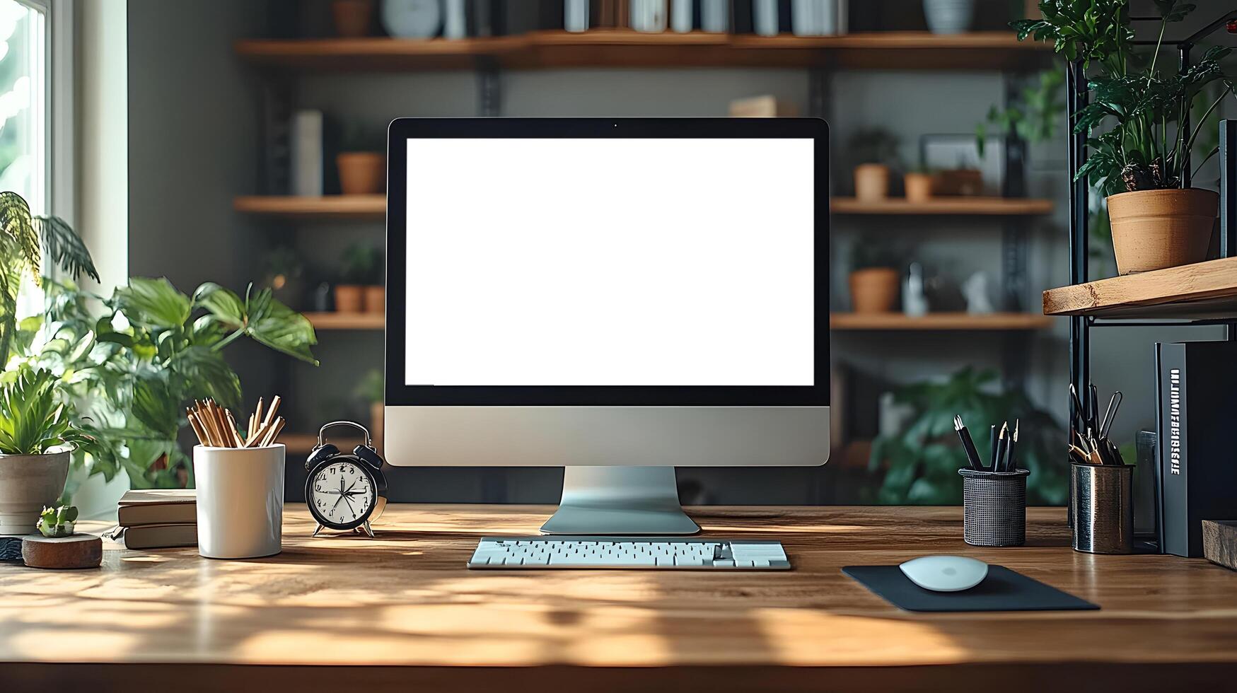 Minimalist office desk with computer no screen content clipboard clock calculator coffee mug data graph on wall 8K realistic photo
