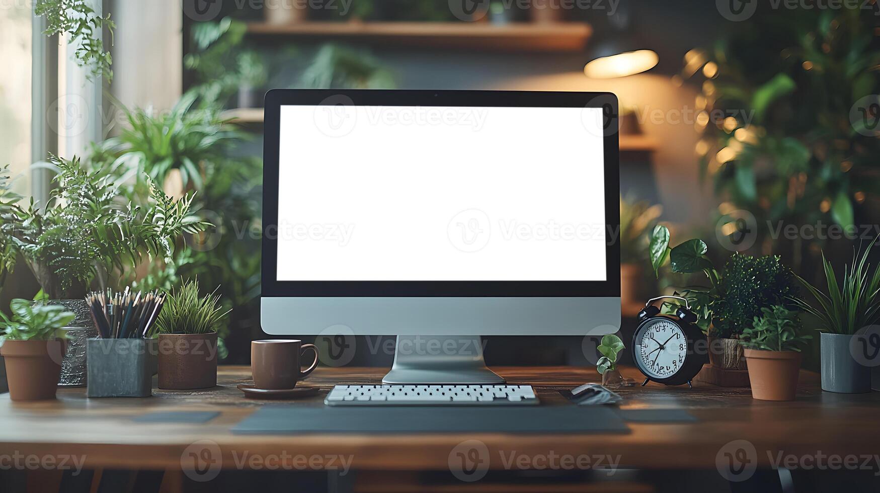 Neatly arranged office desk with professional layout computer clipboard. photo