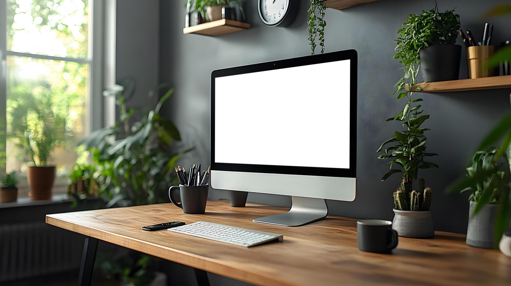 Modern desk workspace with clean setup computer clipboard coffee mug clock wall-mounted data graph 8K realistic photo
