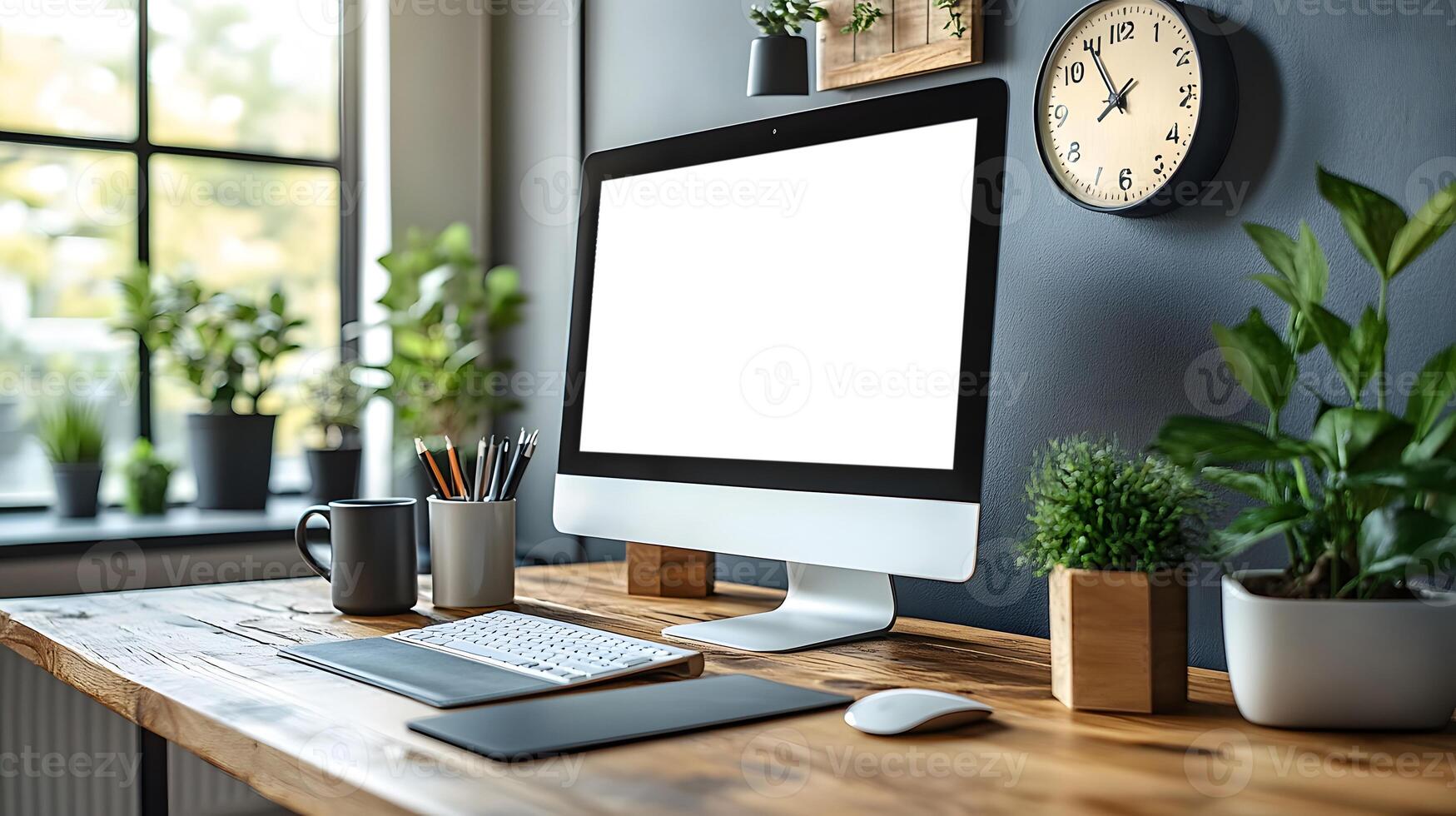 Clean office workspace with essentials computer clipboard coffee mug clock wall-mounted data chart. photo