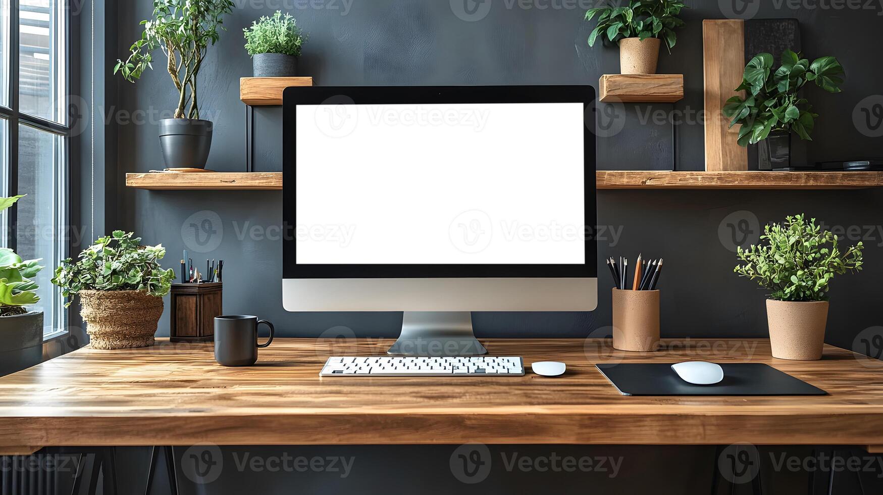 Elegant and modern workspace desk with computer clipboard coffee mug wall data chart clock. photo