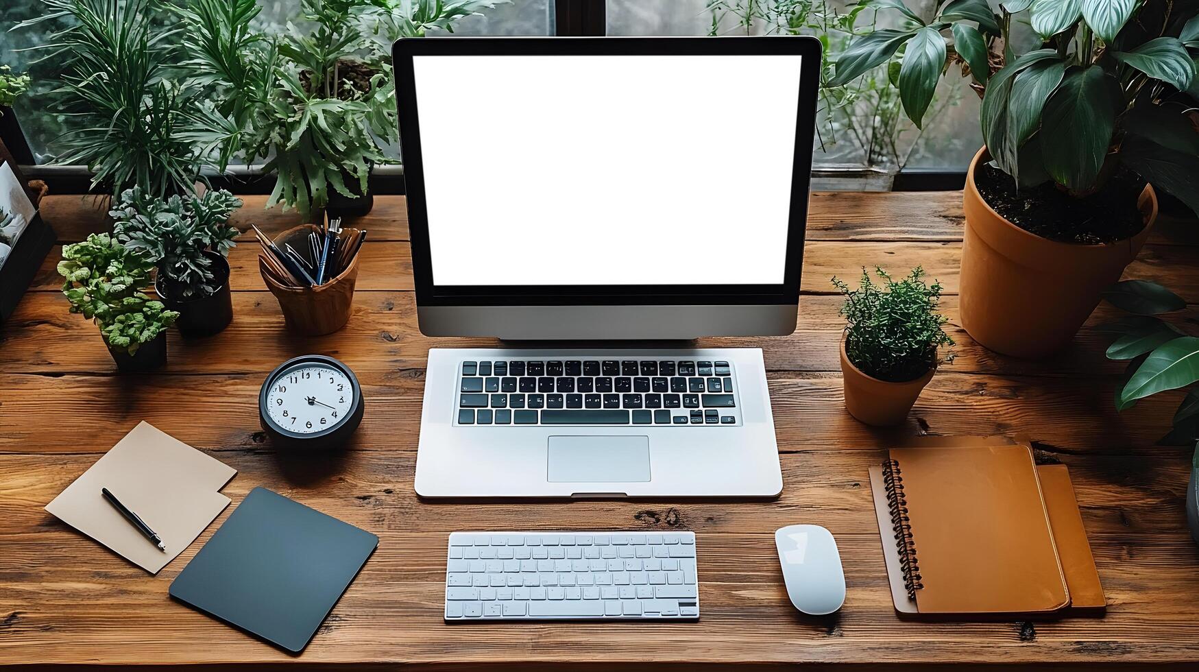 Professional workspace with clean desk computer no screen content calculator clock clipboard and data chart 8K realistic photo
