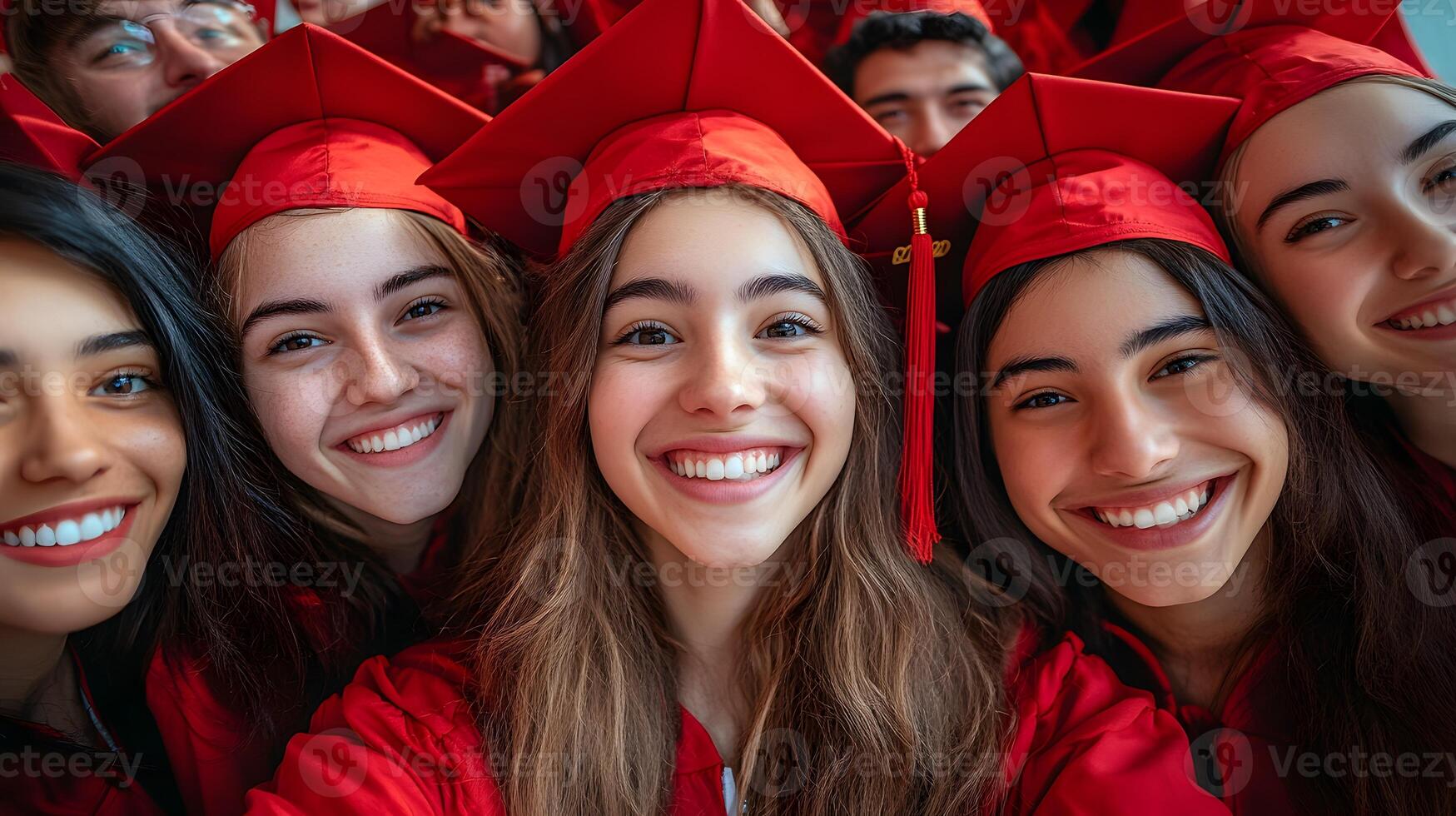 Group selfie moment among graduates joyful expression papercut art. photo