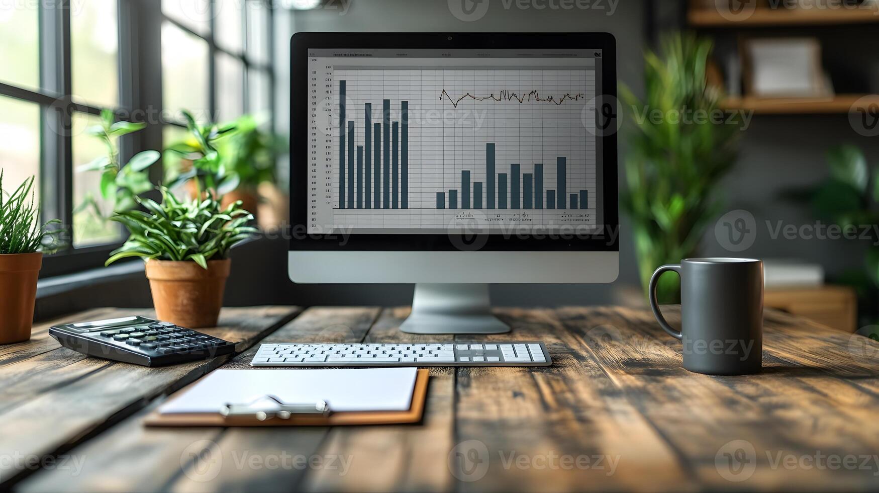Functional office desk with computer calculator clipboard coffee mug wall mounted data graph photo