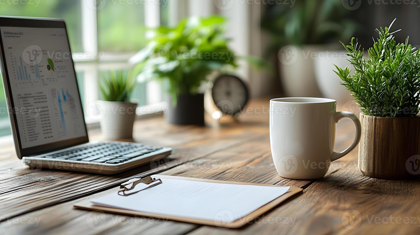 Organized office desk setup showing computer clipboard clock calculator coffee mug data graph background. photo