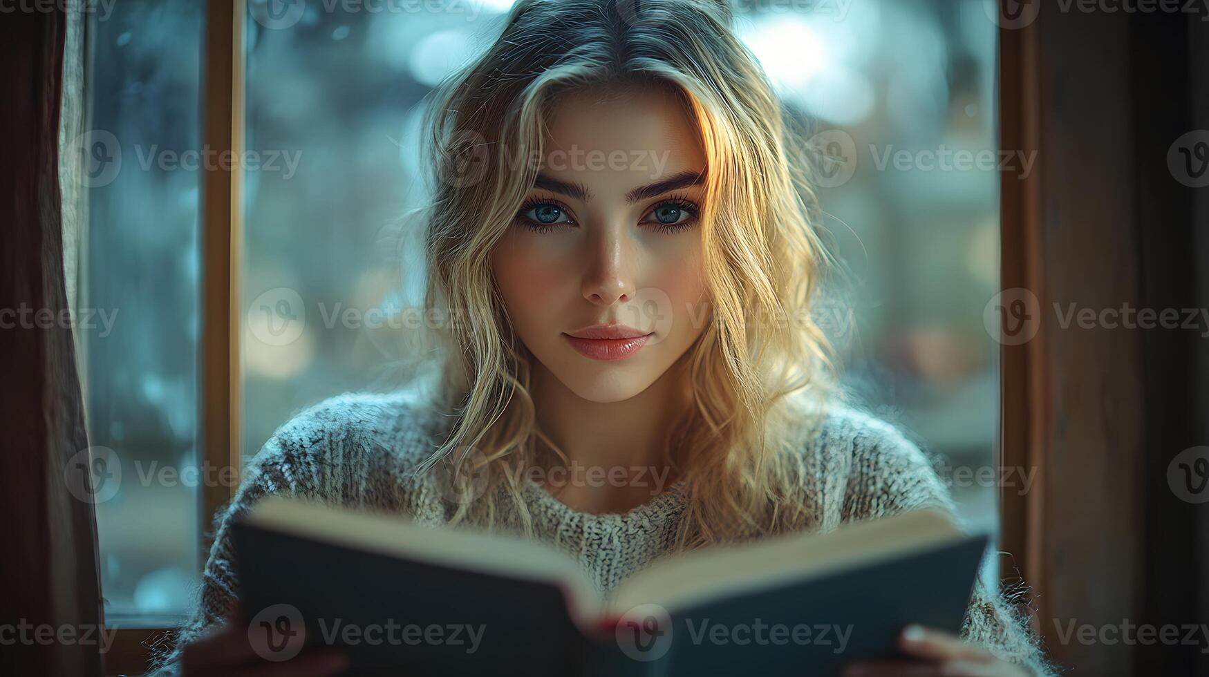 Woman reading a holy book by the window with soft morning sunlight, photo