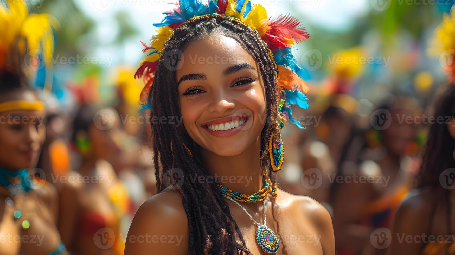 Festive crowd enjoying a street party with samba dancers and bright decorations, photo