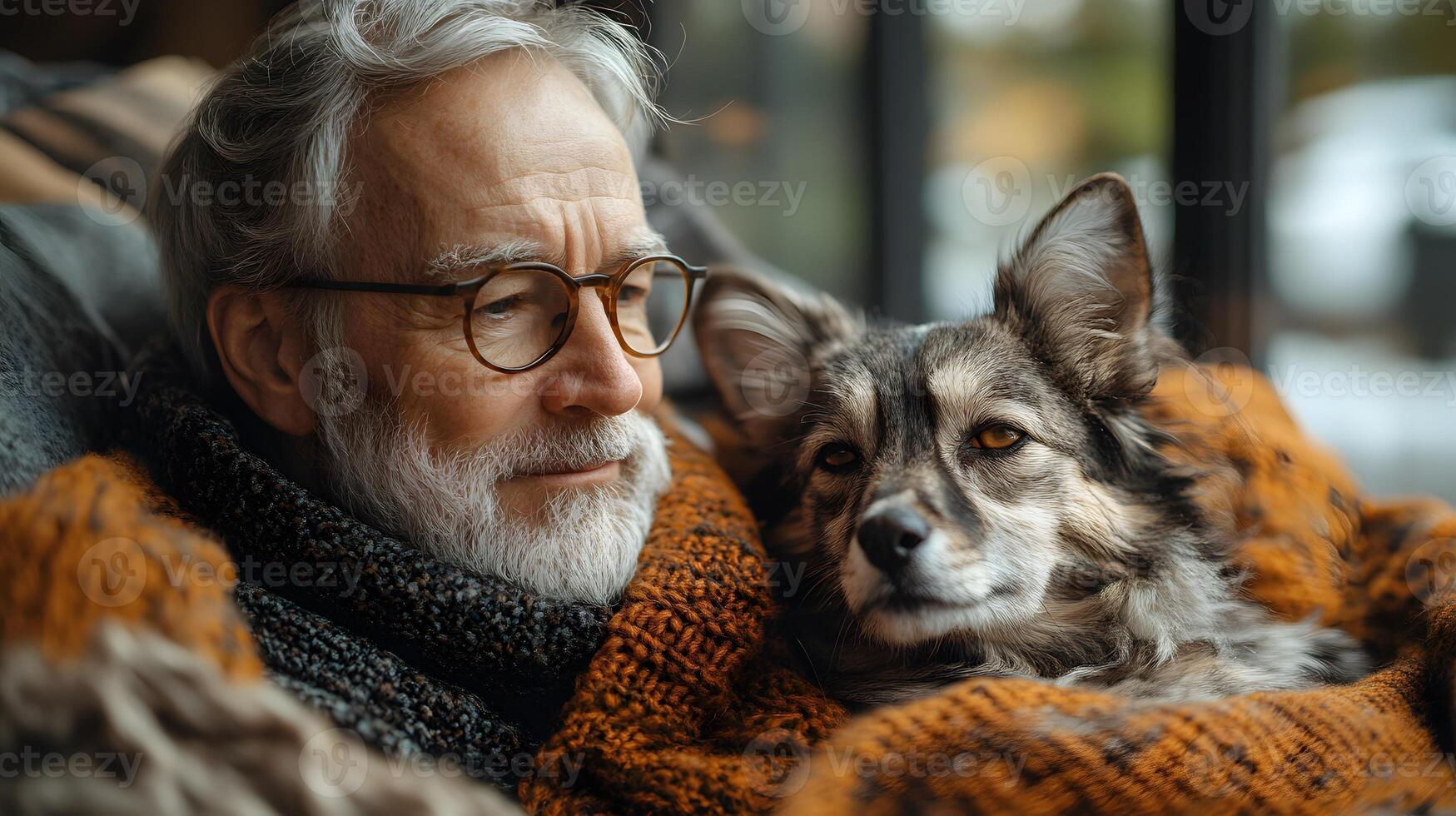 Warm depiction of an elderly person and AI companion engaging in a relaxing activity at home, photo