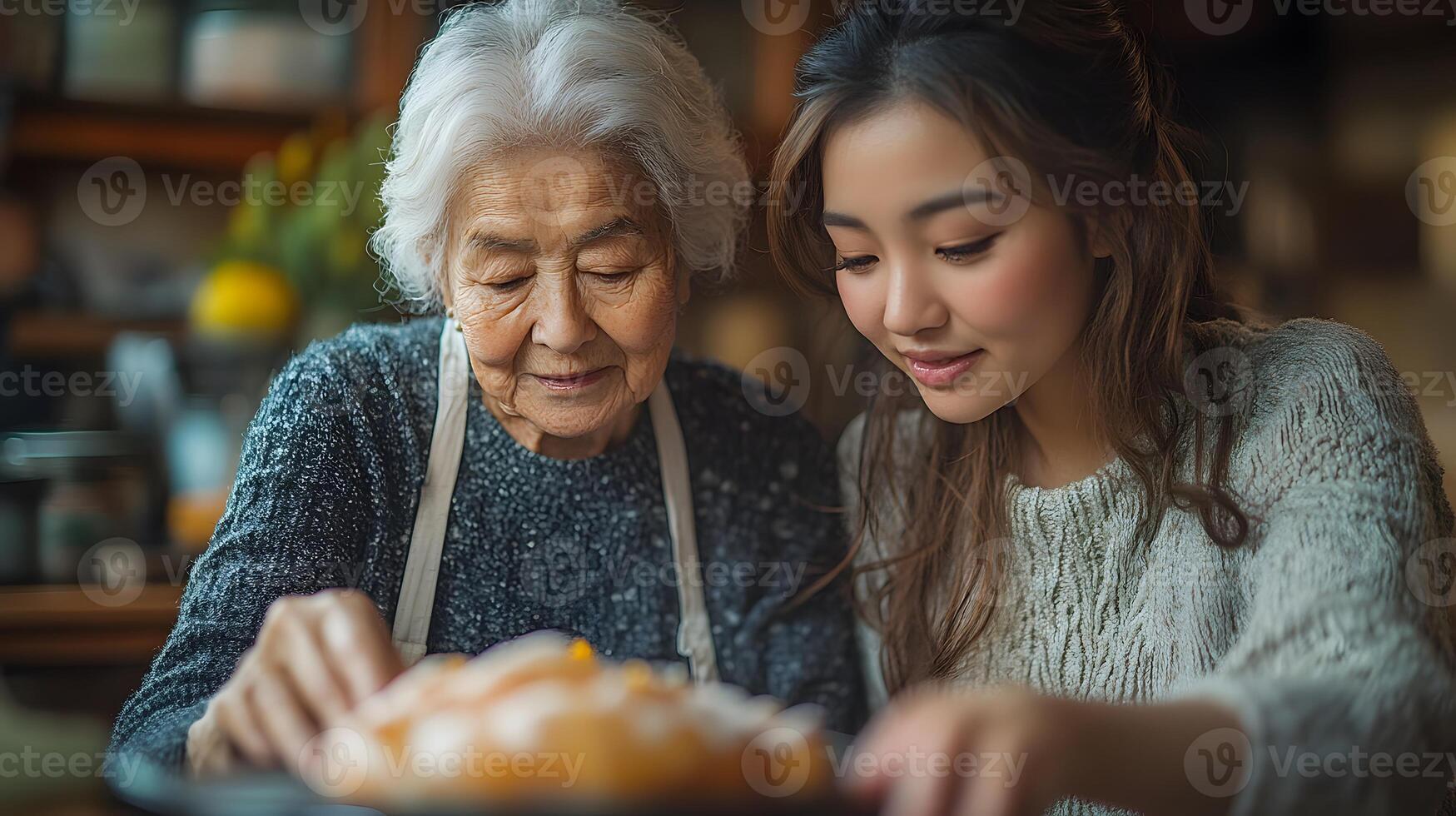 AI assisting elderly person with household chores in a warm and inviting home, photo