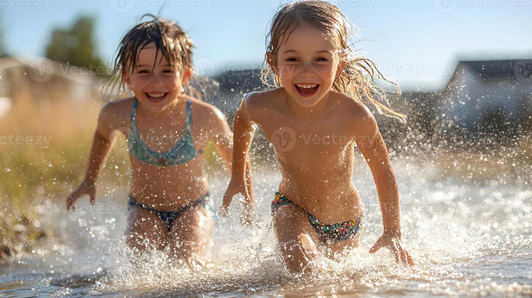 Kids running through sprinklers in a suburban backyard on a sunny day, photo