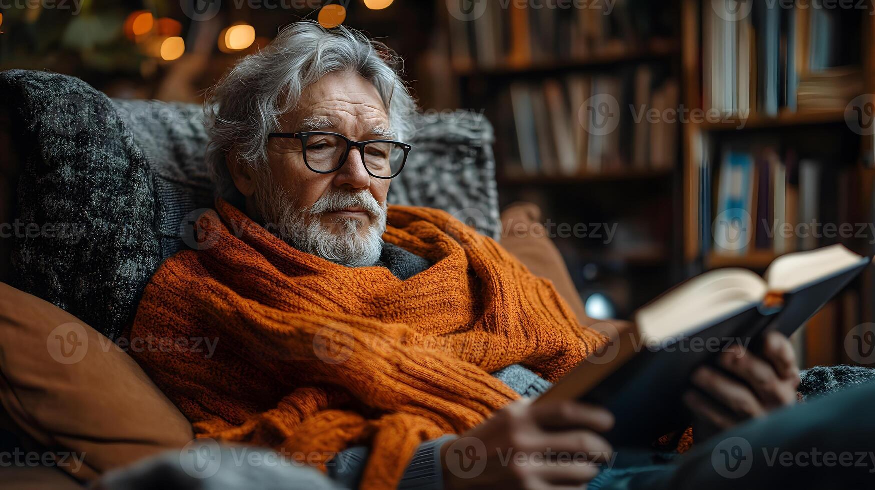 Senior person using AI powered device for emergency alerts in a safe and tidy home, photo