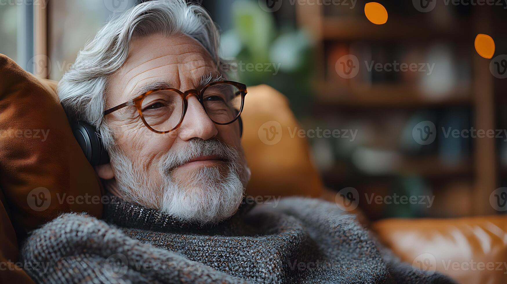Elderly person wearing a health monitoring device powered by AI in a modern home, photo