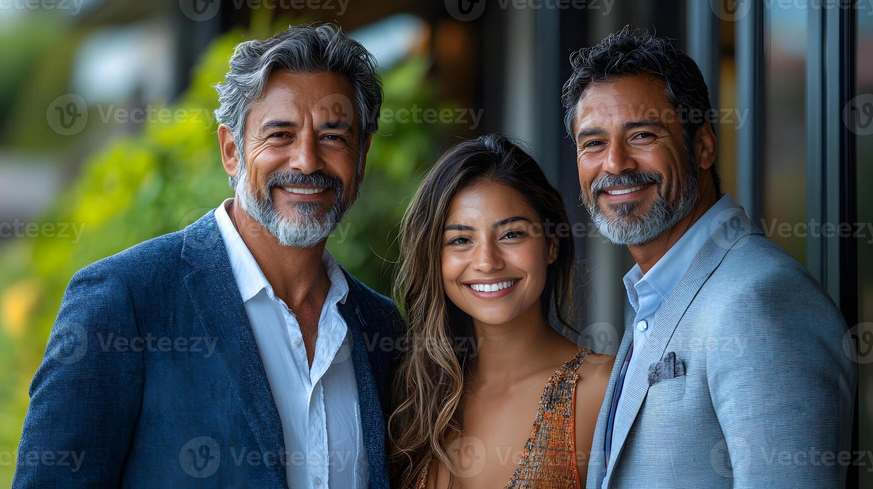 Smiling Latin couple and realtor viewing greenery in a suburban area for buying a house, photo
