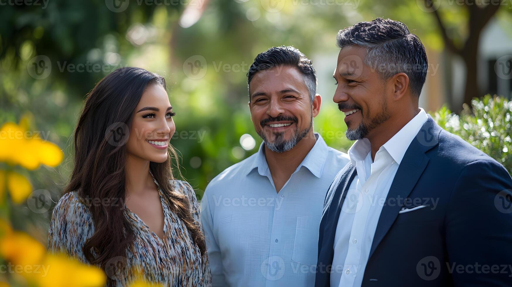 Latin couple smiling while discussing home options with a realtor in a green neighborhood, photo