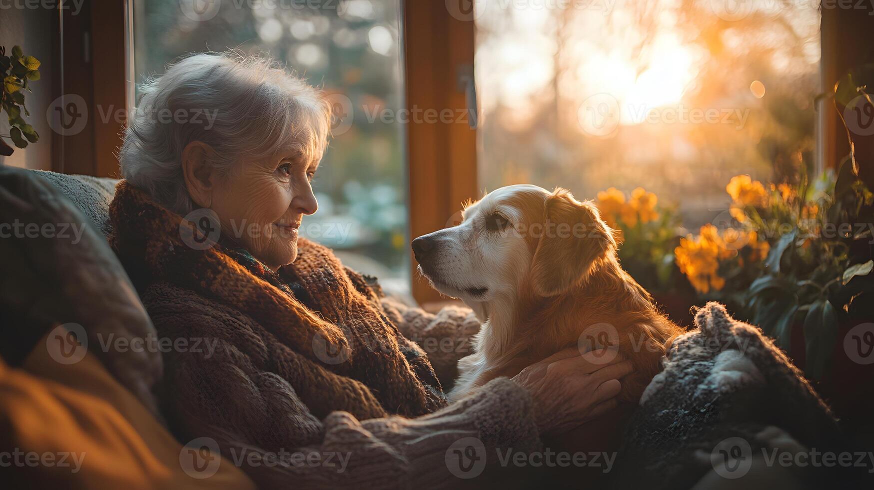AI assisting an elderly person with household chores in warm and inviting home, photo