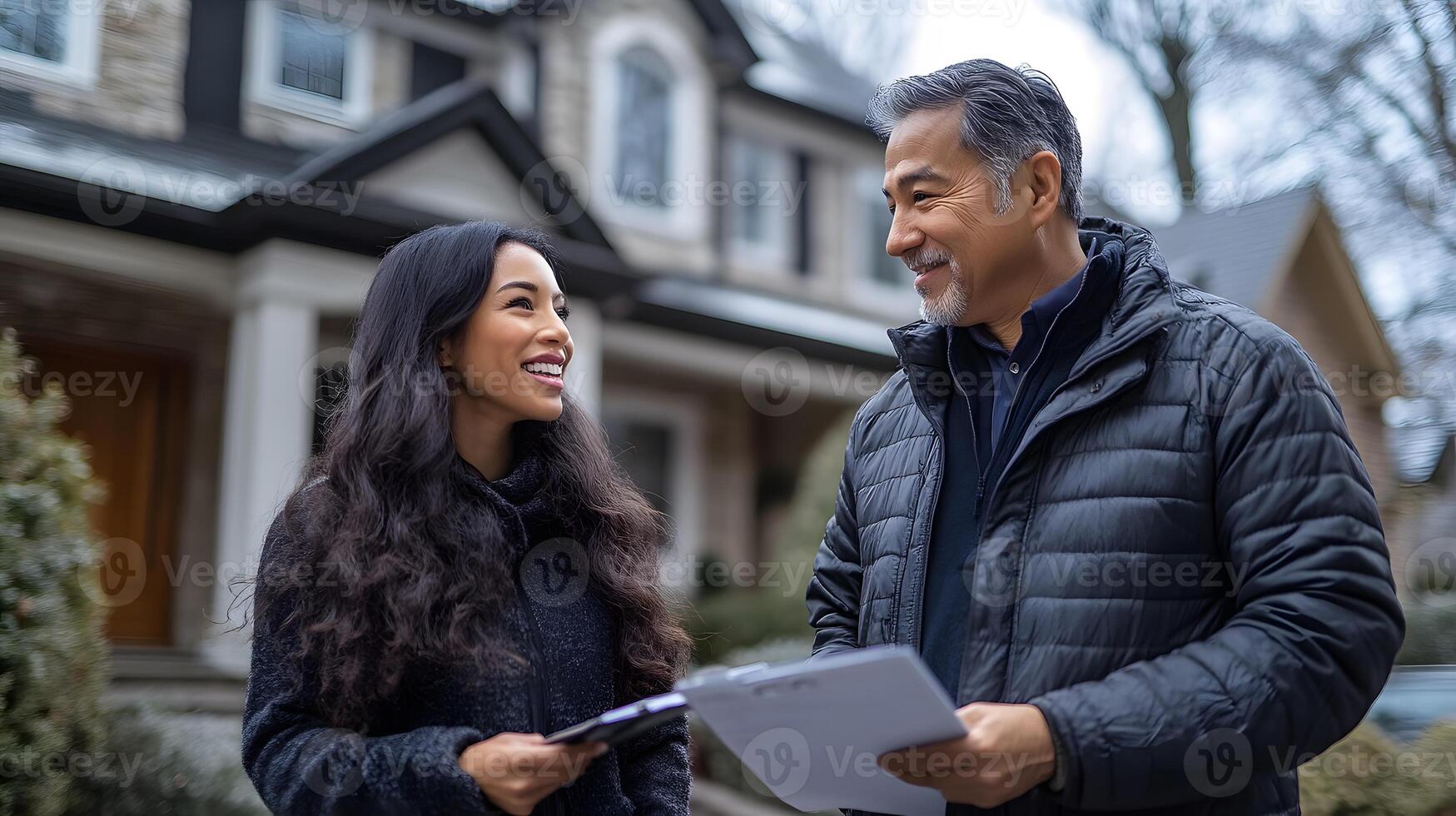 Couple and realtor smiling as they view properties in a beautiful suburban area, photo