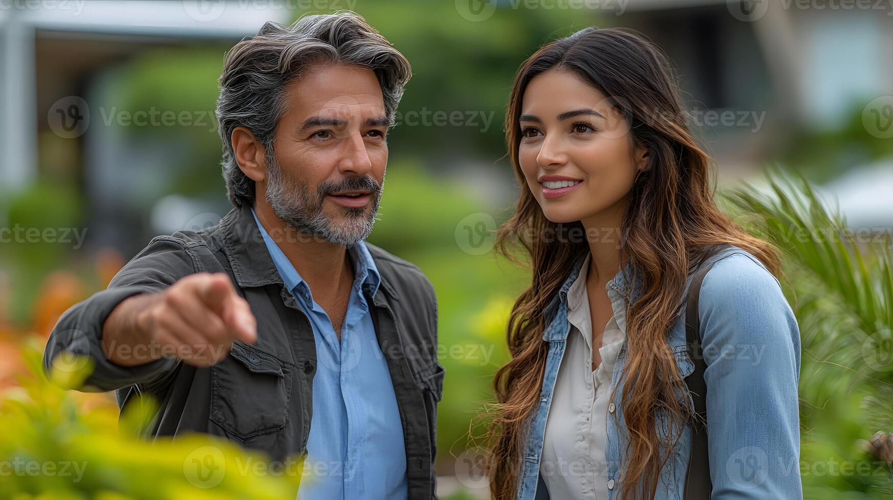 Young Latin couple and realtor viewing a suburban area, pointing at homes, photo