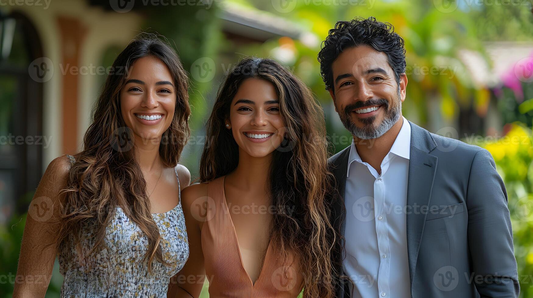 Latin couple smiling while walking with a realtor near suburban homes and greenery, photo