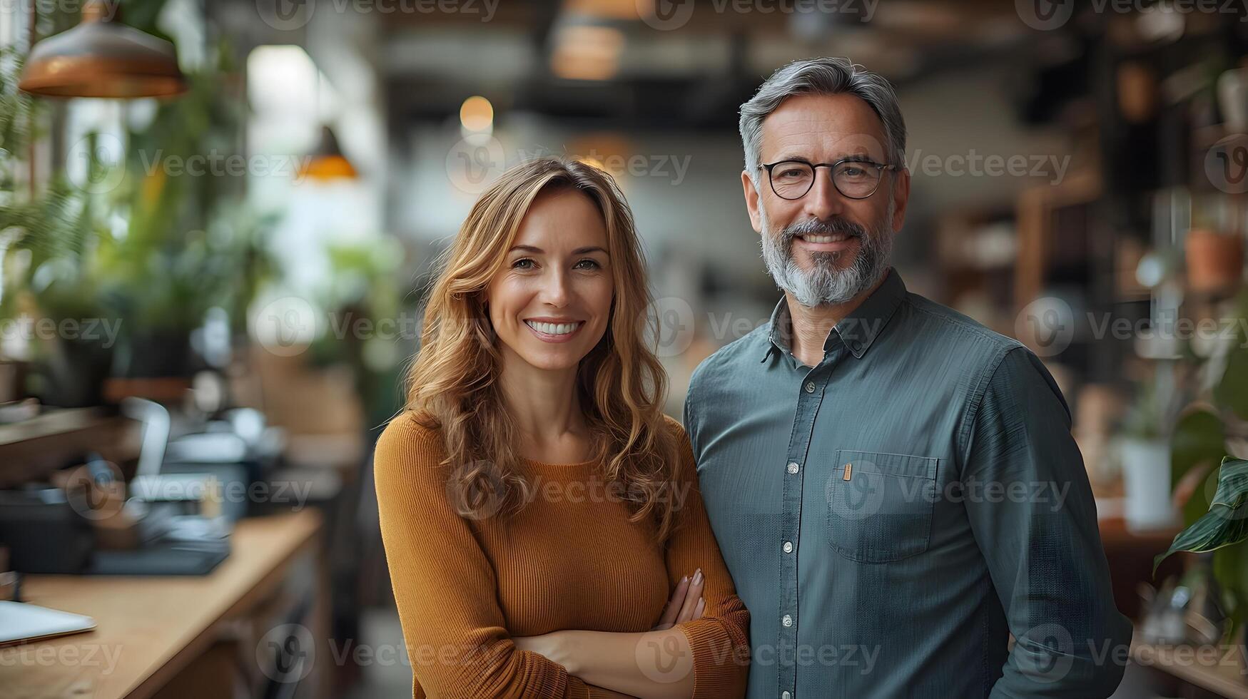 Two business professionals discussing e-commerce software, standing in modern office, photo