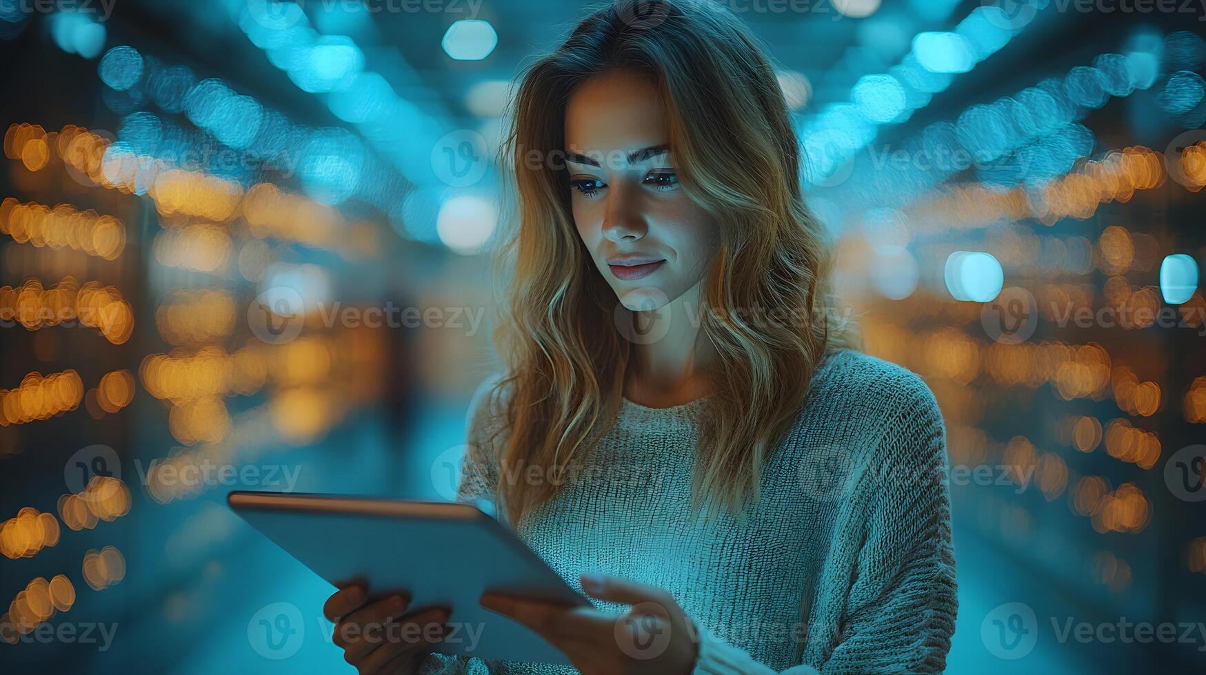 Businesswoman using tablet for presentation in a bright office setting, realistic 8K resolution, photo