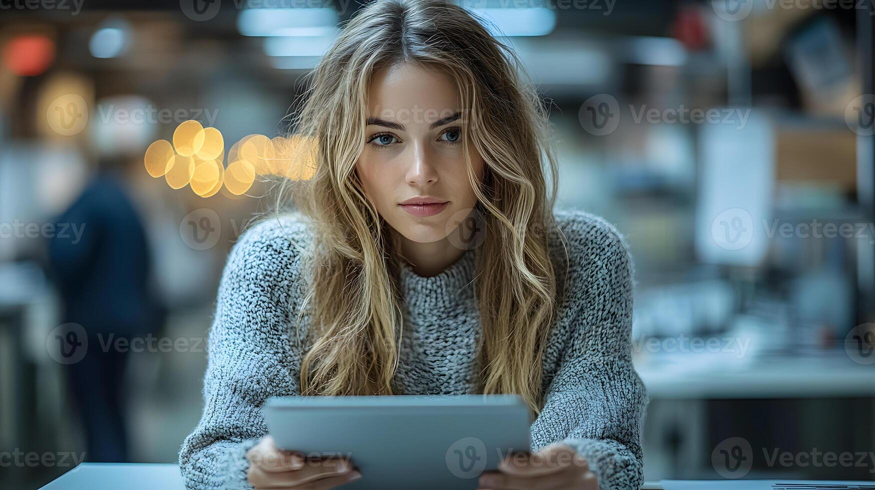 Business analyst reviewing data on a tablet in a well-lit workspace, realistic 8K resolution, photo