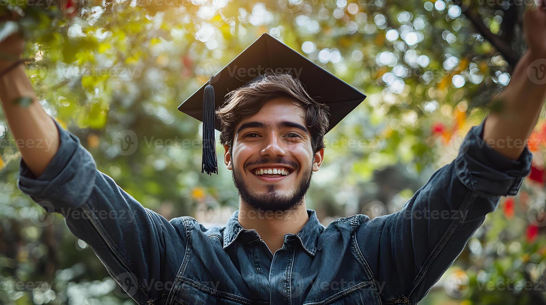 Student tossing cap in celebration, sunny outdoor setting with clear sky and empty text space photo