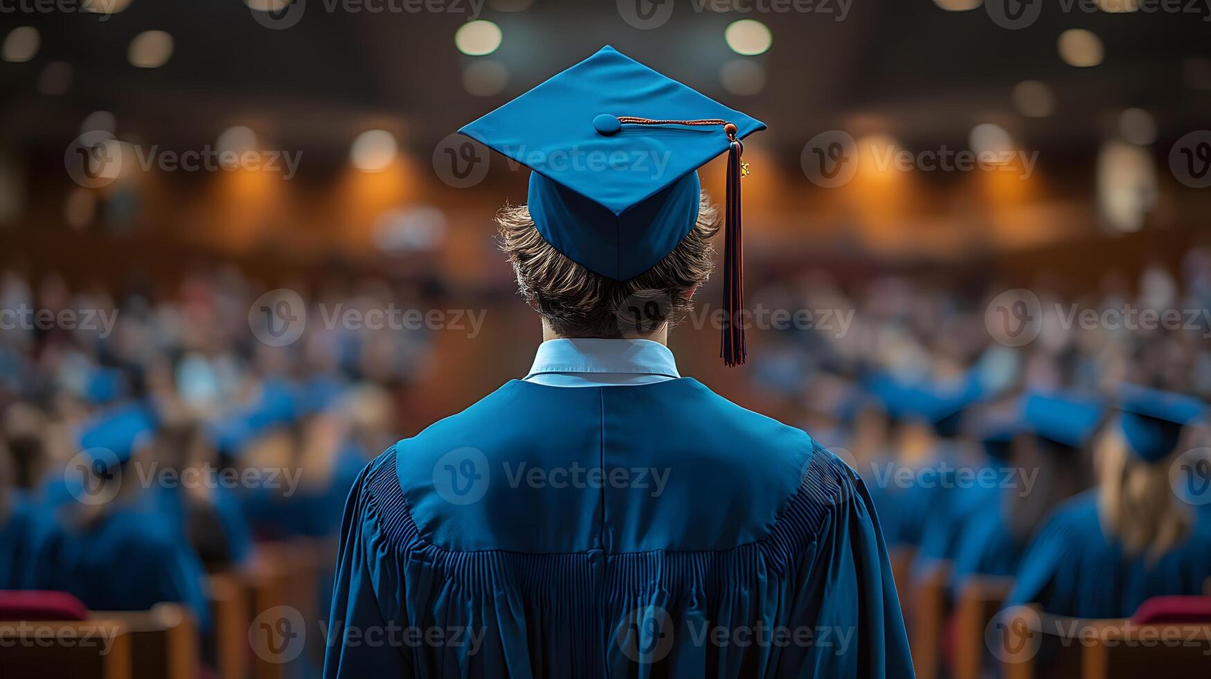 Technical school graduate walking across a stage, audience softly blurred with space for text photo