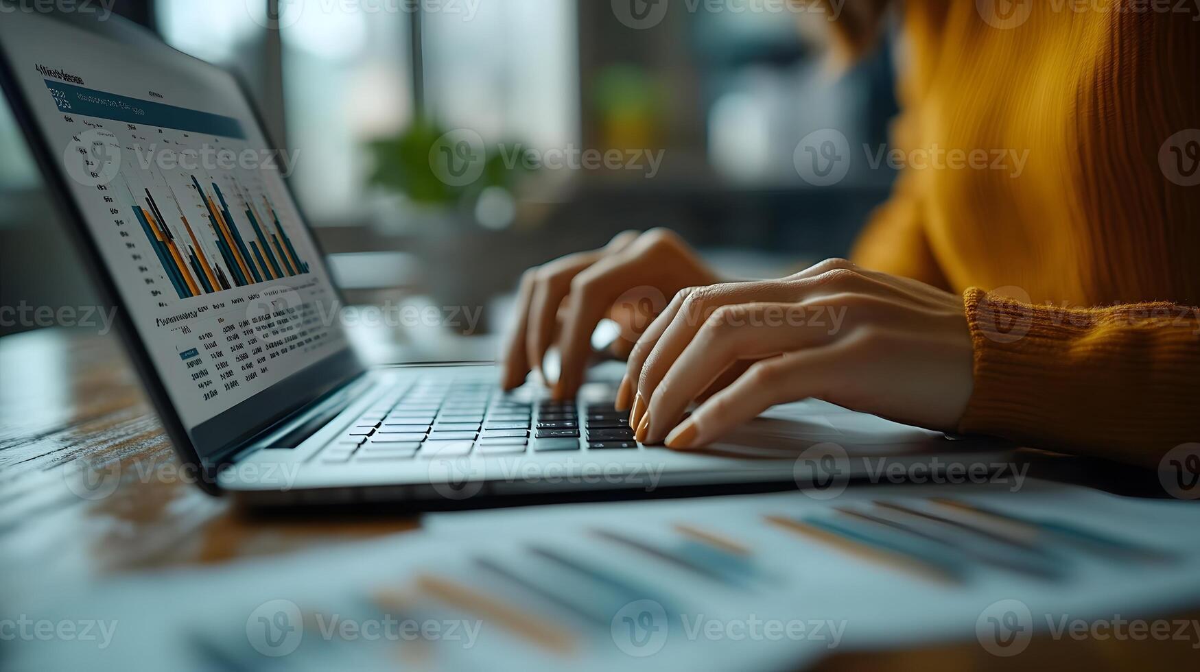 Hands entering data on laptop while referring to financial reports laid out on the desk, 8K high quality realistic, photo