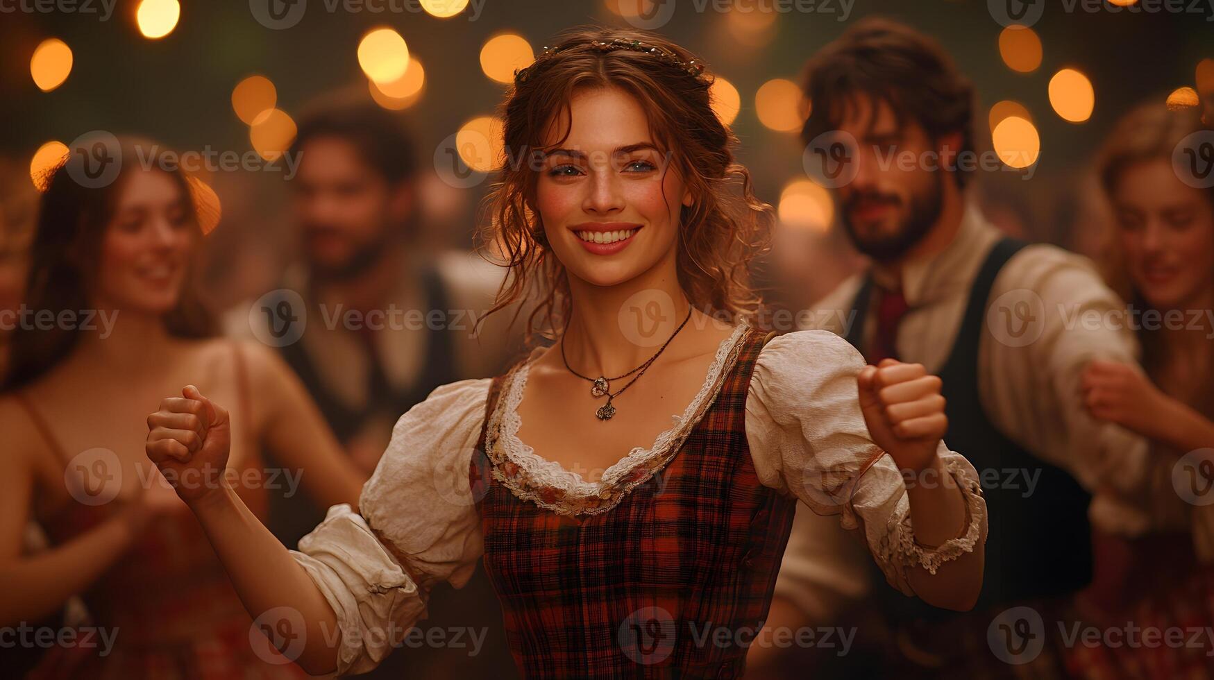 A festive Burns Night ceilidh with people linking arms and stepping in unison to Scottish tunes, 8K high quality realistic, photo
