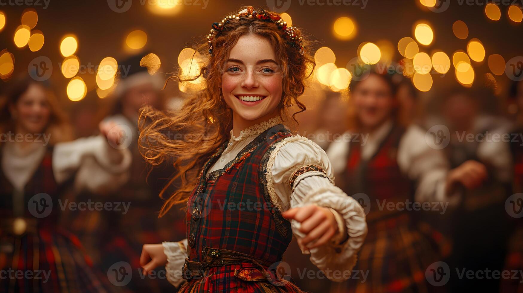 group of people performing a traditional ceilidh dance surrounded by Scottish decor at a Burns Night event, 8K high quality realistic, photo