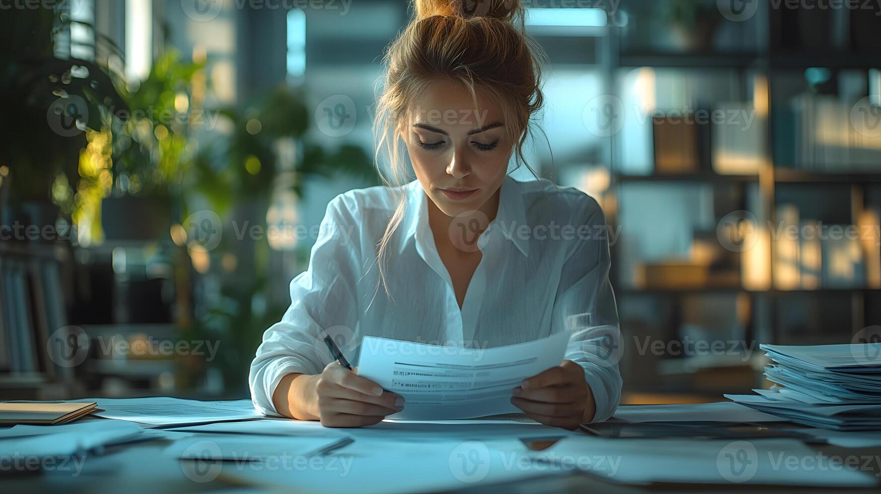 Insurance adjuster in a modern office surrounded by documents and digital tools for claim evaluation, 8K detailed 3D animation render, photo