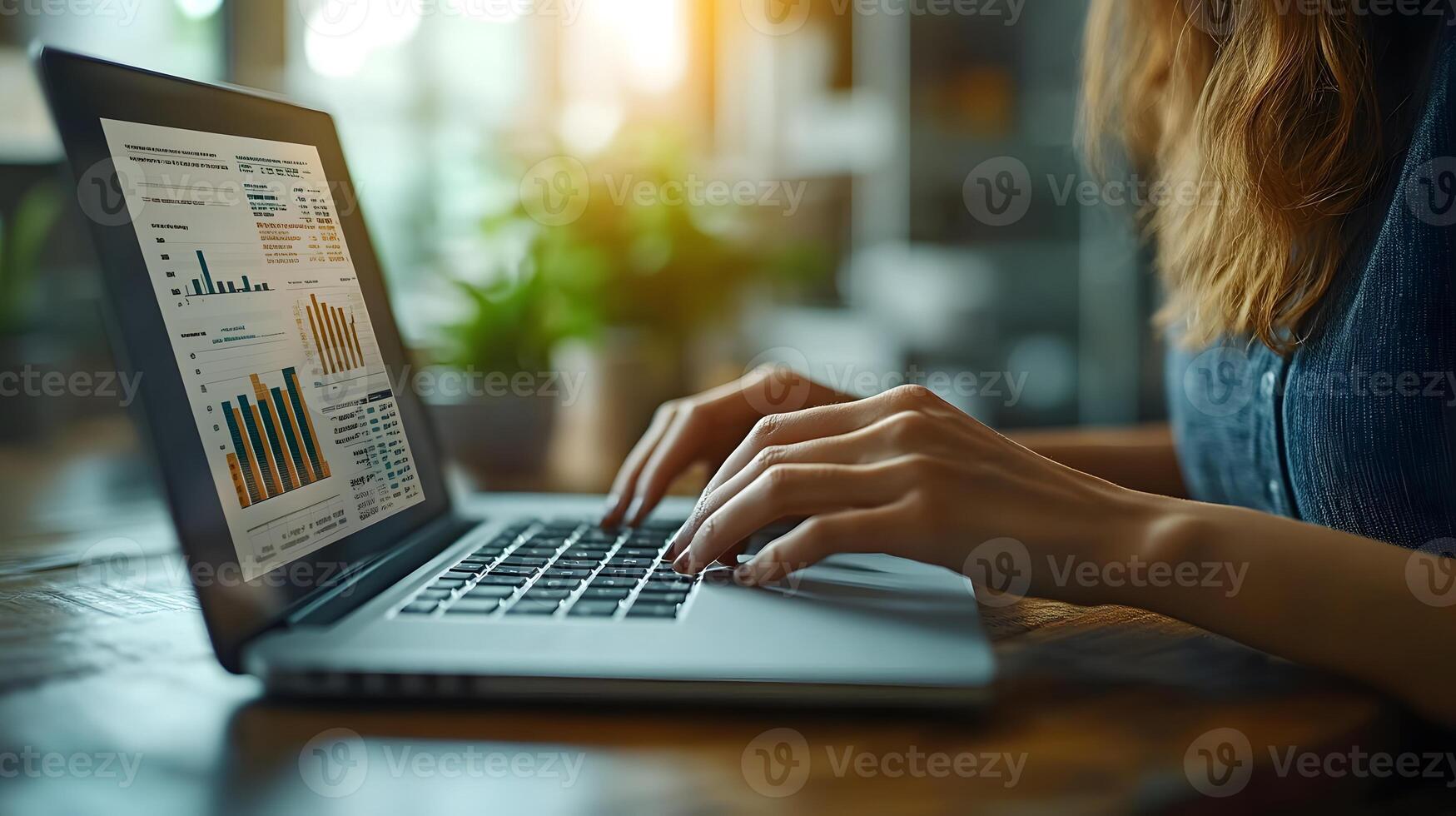 A close-up of hands typing on a laptop with a focus on paper documents showing financial trends, 8K high quality realistic, photo