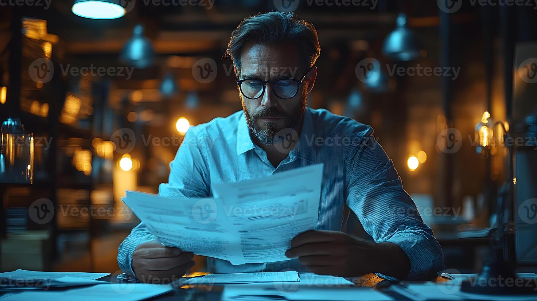 Insurance adjuster in modern office surrounded by documents and digital tools for claim evaluation, 8K detailed 3D animation render, photo