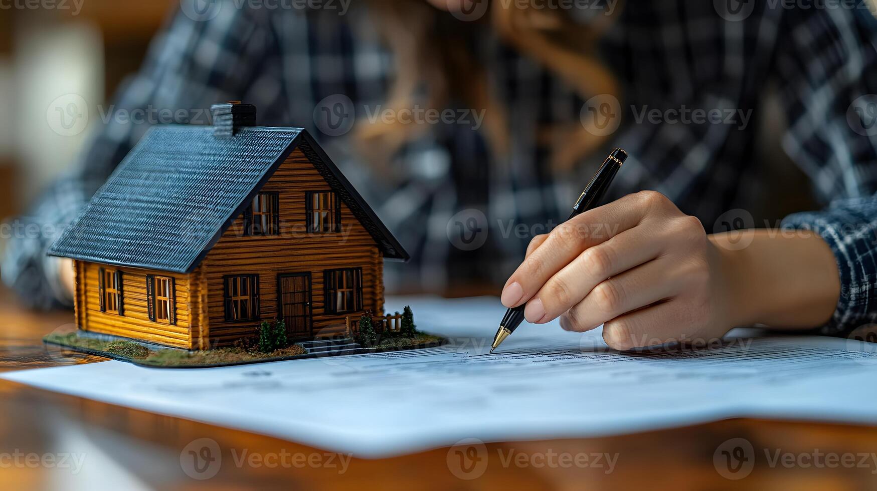 Adjuster working on home insurance paperwork with a small house model as a visual aid, clean background and copy space photo
