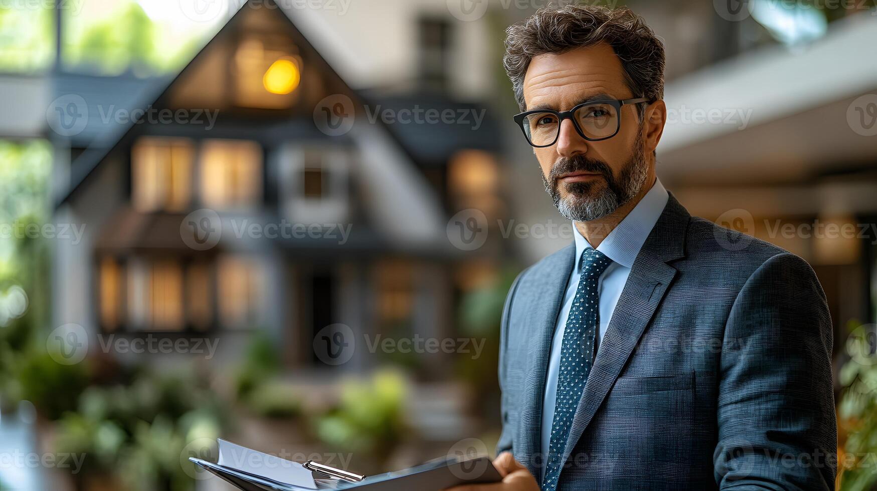 Modern workspace featuring an insurance adjuster reviewing claims and a house miniature, ample copy space photo