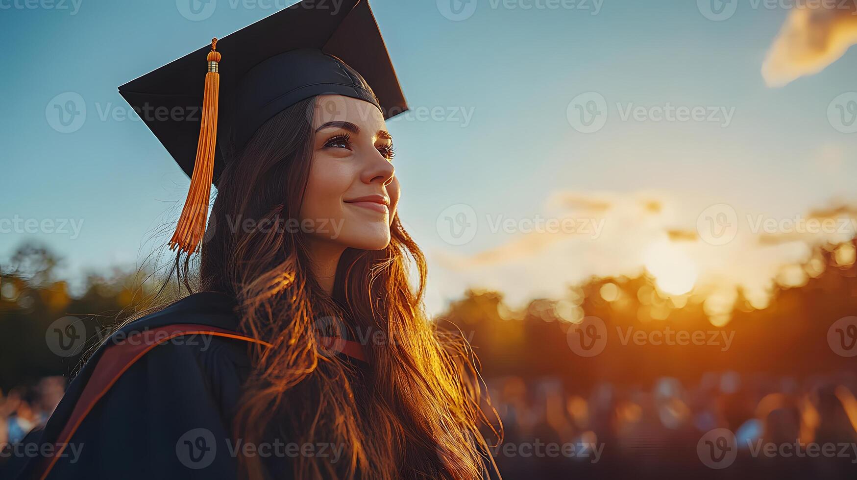 Graduate in cap and gown holding a diploma outdoor bright sky background and ample copy space photo