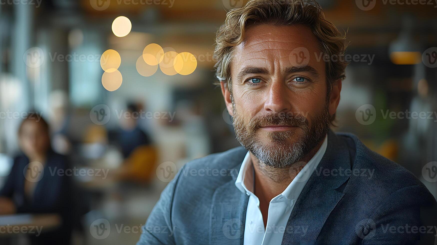 Confident manager with group of employees working together in a sleek office, natural lighting, full body wide angle, realistic visuals, with copy space photo