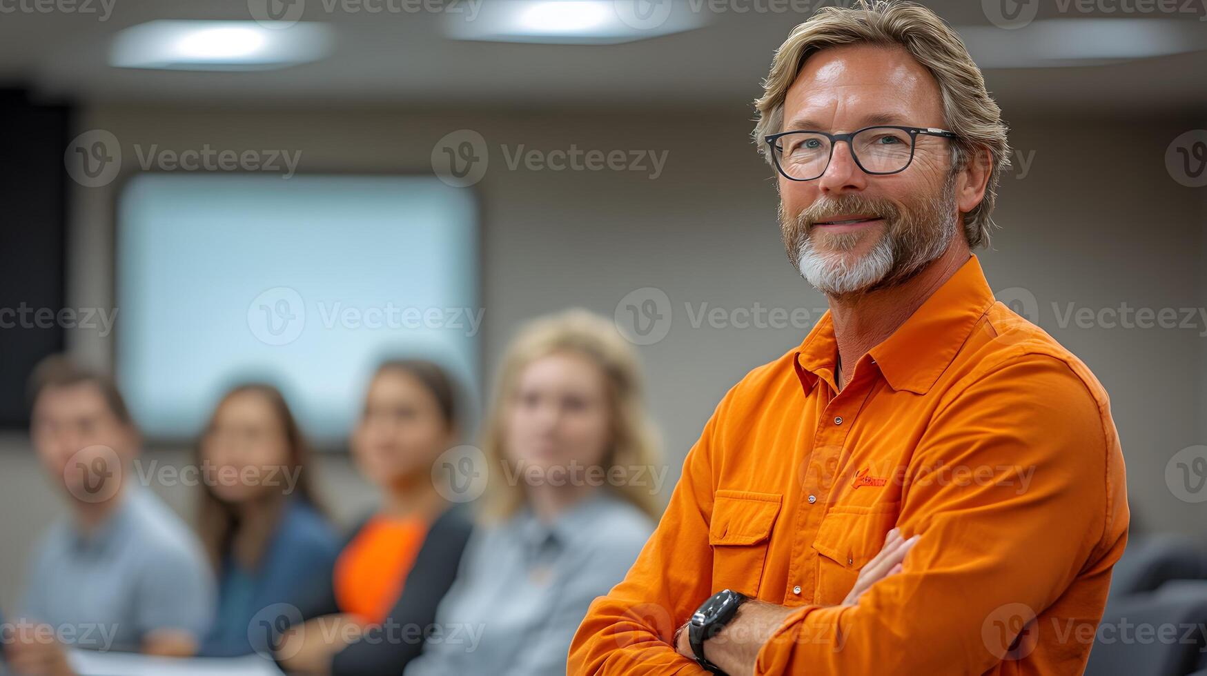 Engaged leader interacting with employees during team-building session in a spacious office, wide angle, realistic, with copy space photo