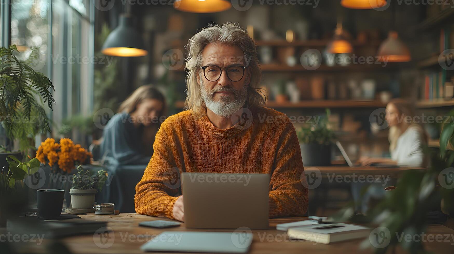 Collaborative office scene with a confident executive working closely with employees, modern design, full body wide angle, with copy space photo