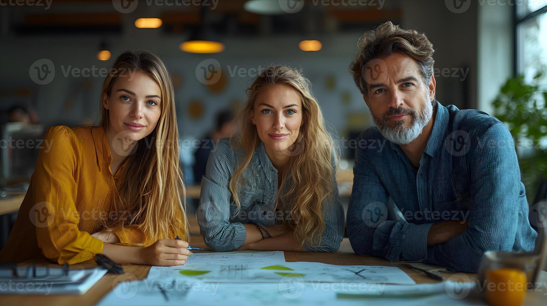 Collaborative team planning renewable energy projects, office setting with wind farm charts and maps, realistic detail, 8K quality picture with copy space photo