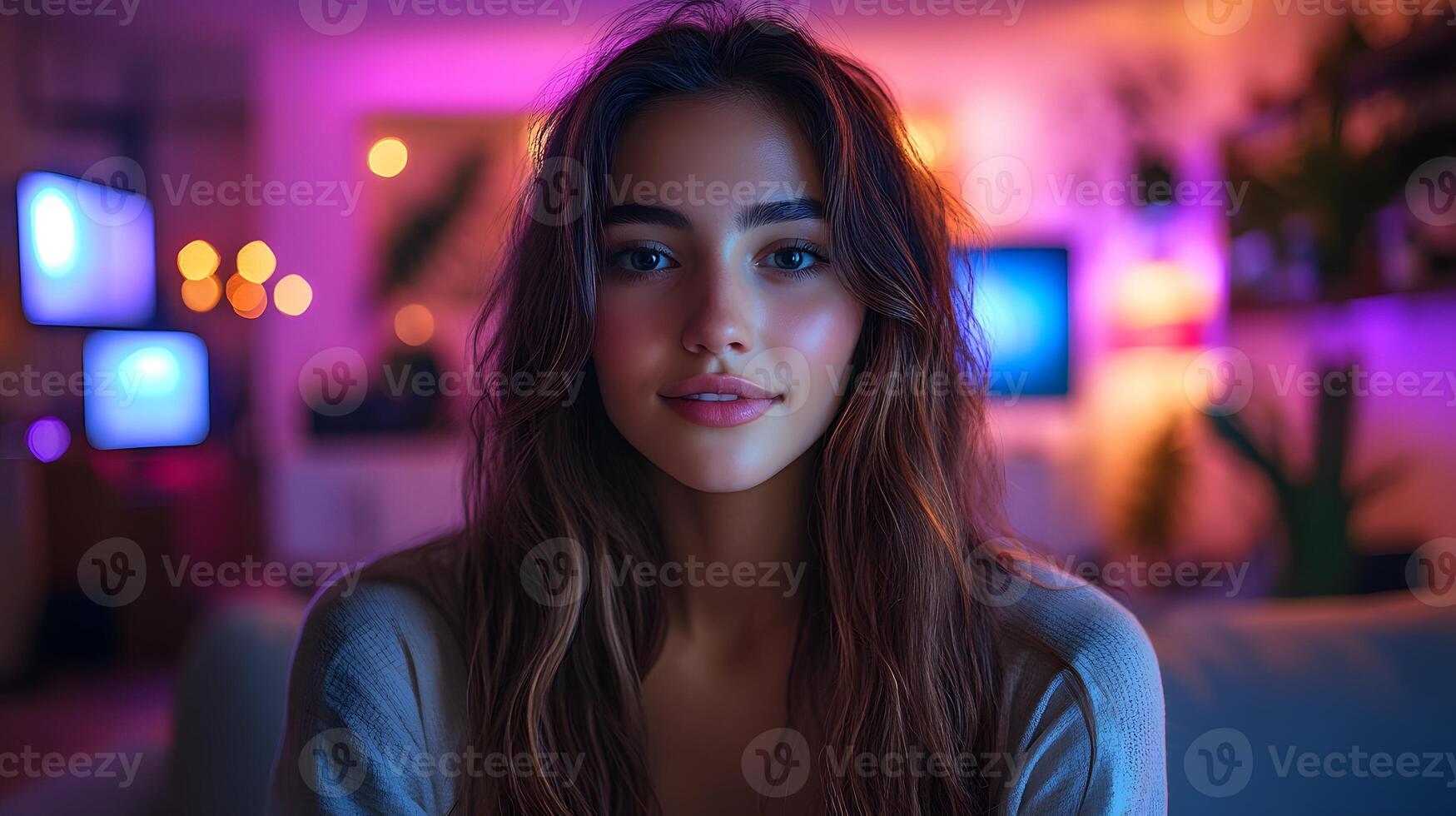 A young influencer live streaming using modern setup, vibrant lighting, and an interactive background with audience engagement, with copy space photo
