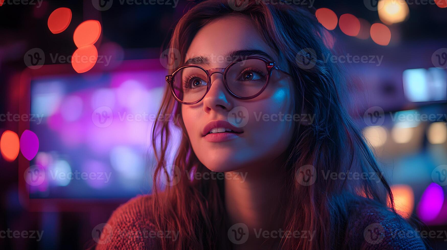 A young influencer live streaming using a modern setup, vibrant lighting, and an interactive background with audience engagement, with copy space photo