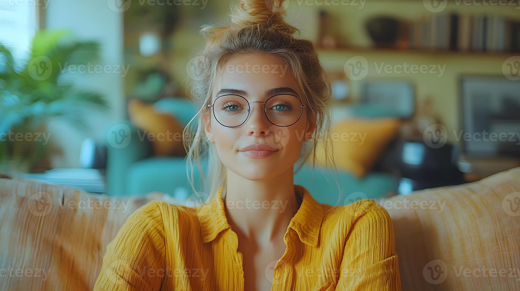 A lifestyle creator recording a casual day-in-the-life short in a well-decorated home, pastel tones, with blank space for text photo