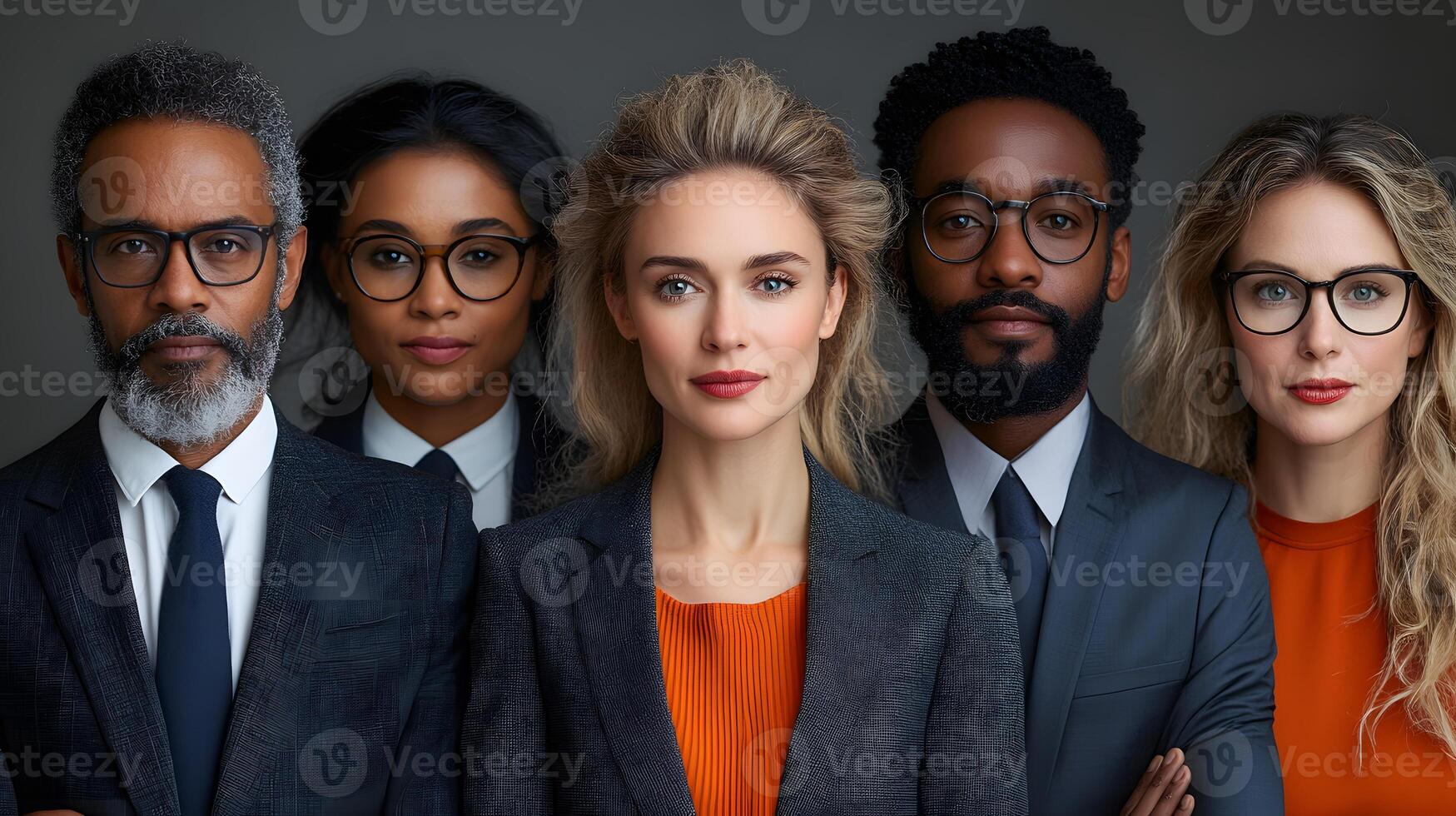 Group of diverse professionals in business clothing, posing confidently with a clean background, 8K high resolution with copy space photo