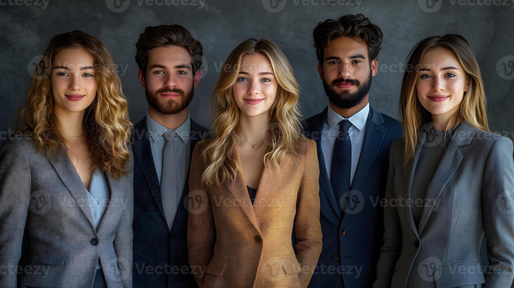 Group of young professionals dressed in formal attire, posing in a clean studio setting, 8K high resolution with copy space photo