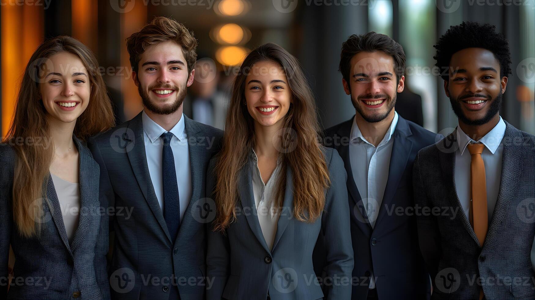 Confident group of young professionals wearing formal office wear, isolated with bright lighting, 8K high resolution with copy space photo