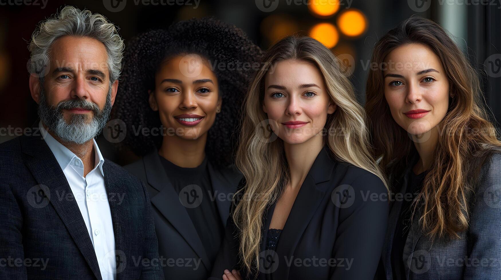 Formal team portrait of professionals wearing modern office wear, posed with ample copy space, 8K high resolution photo