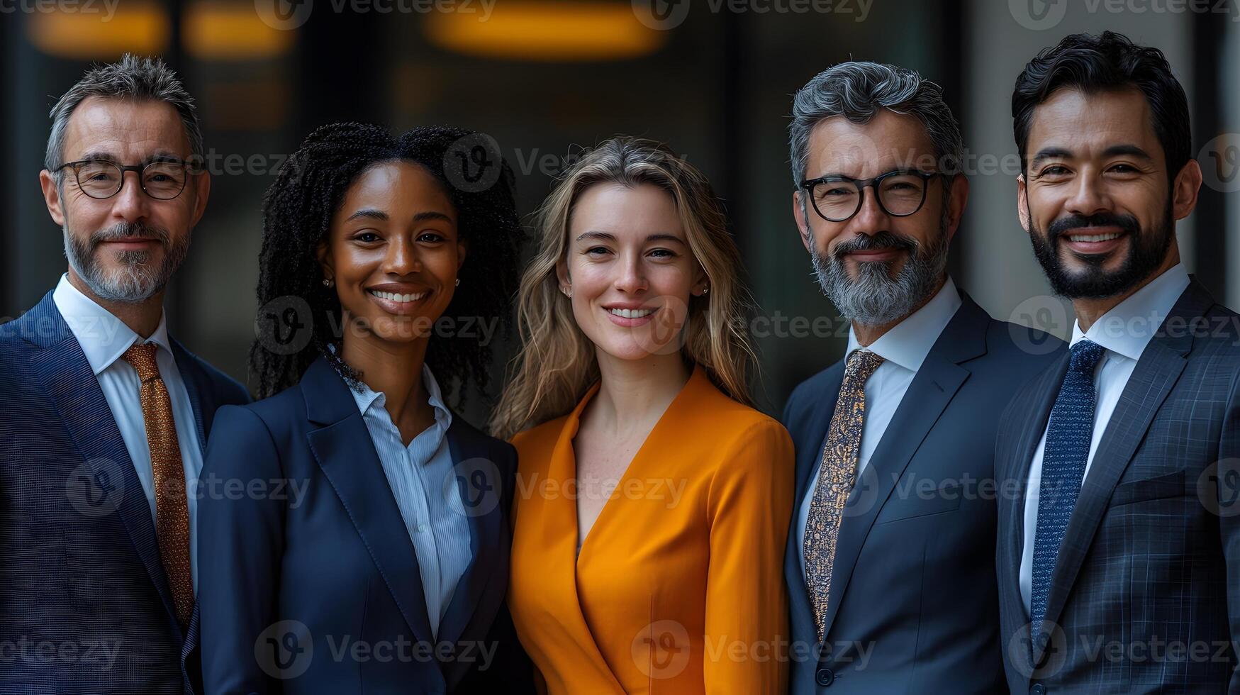 Diverse office team dressed in formal wear, standing in a studio with bright lighting, 8K high resolution with copy space photo