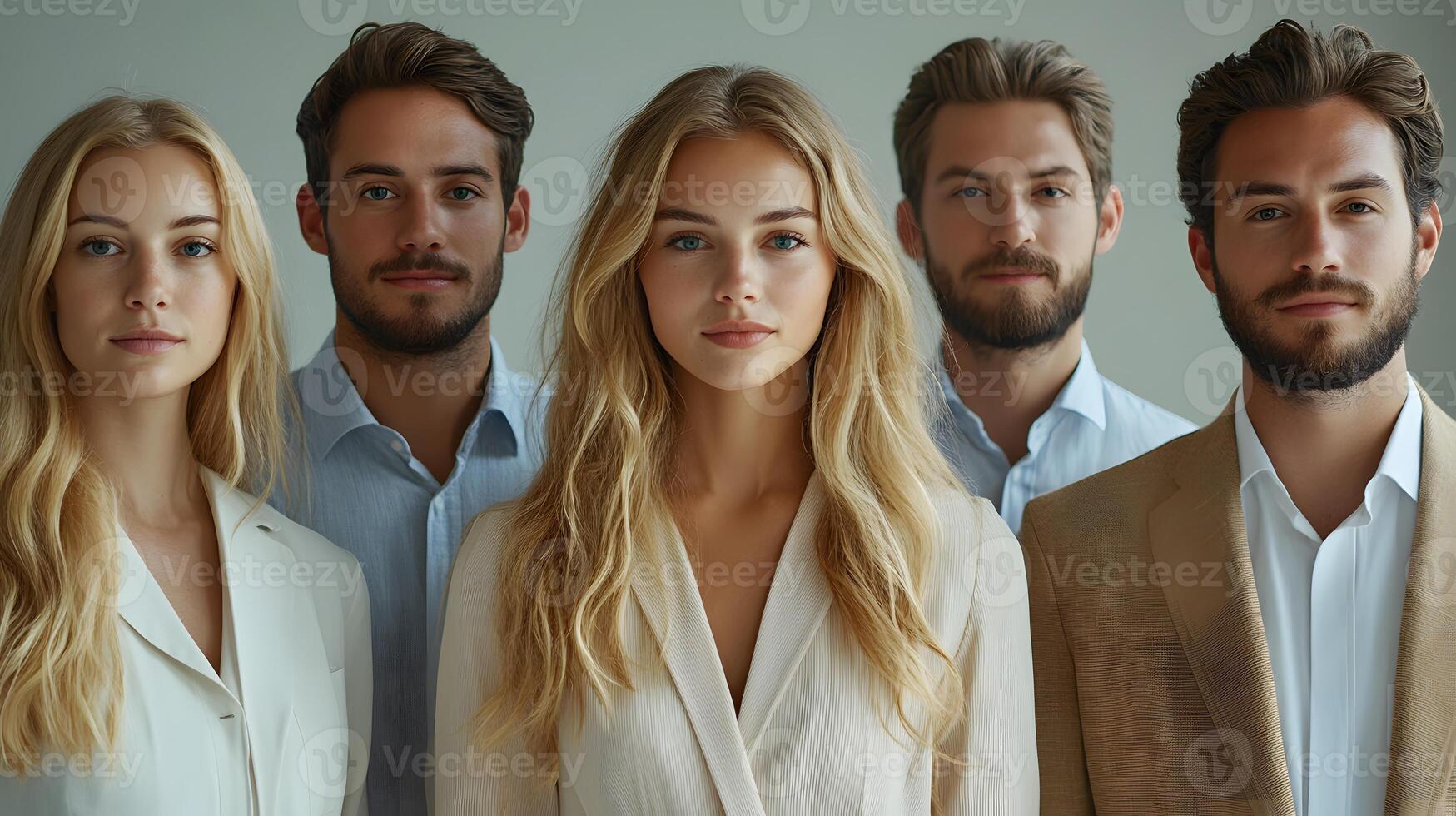 Team of young corporate professionals dressed in formal clothing, standing confidently in a bright studio, 8K high resolution with copy space photo