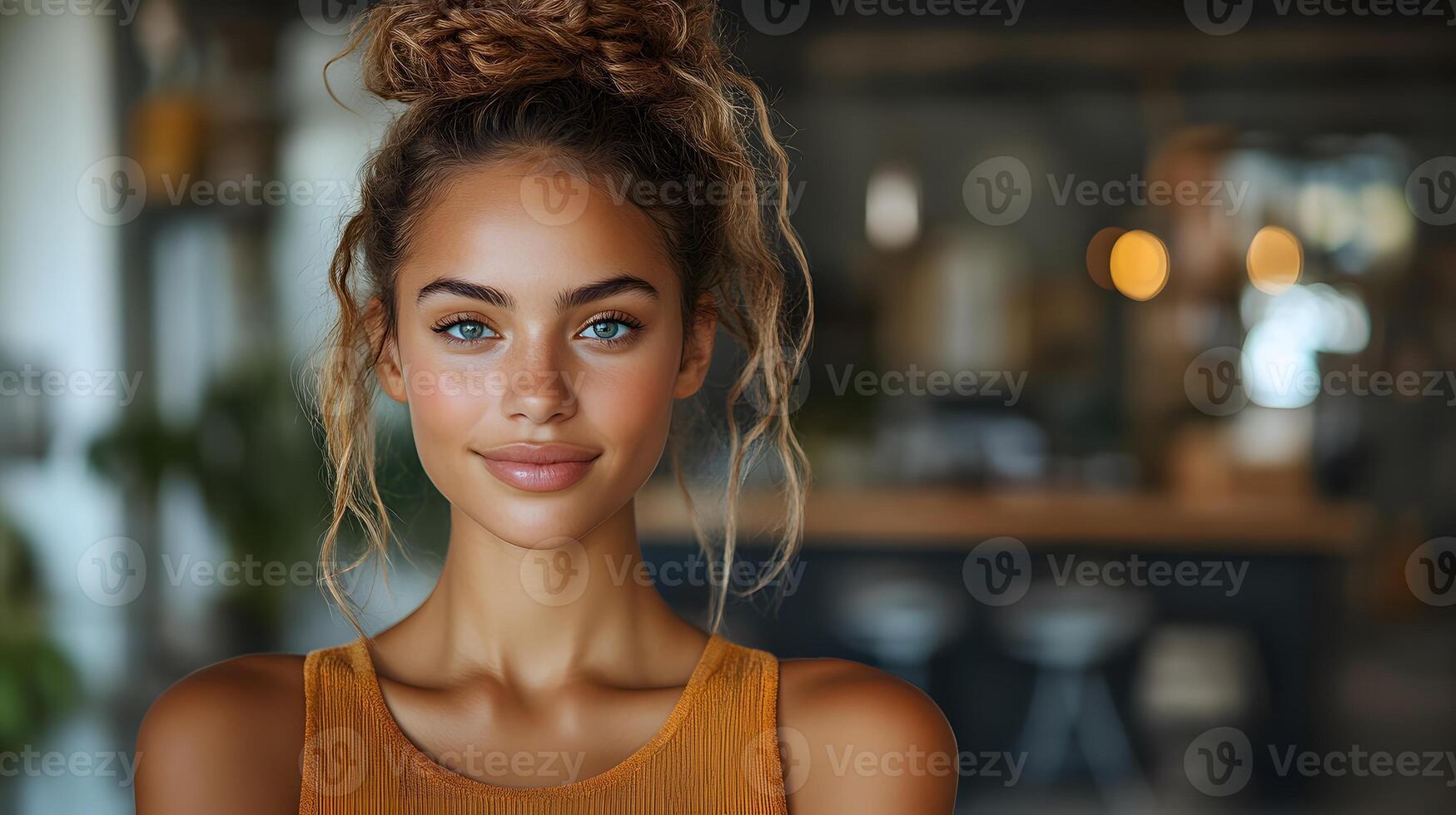 Feminine strength and resilience concept, confident woman in a modern setting, 8K high resolution with copy space photo